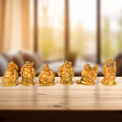 17924 Golden Laughing Buddha Set Of Six Pieces Statue For Happiness, Wealth & Good luck Decor For Wealth and Success (6 Pcs Set)