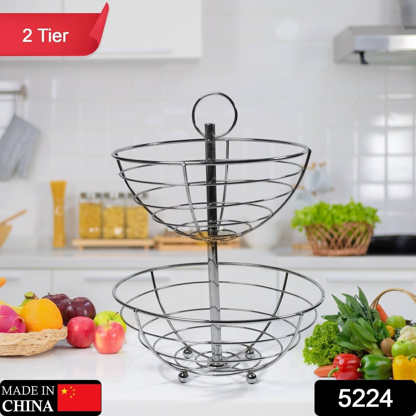 5224  2 Tier Steel Fruit Basket Bowl Fruit Bread Organizer Storage Holder Stand with Modern Design for Gift Home Party DeoDap