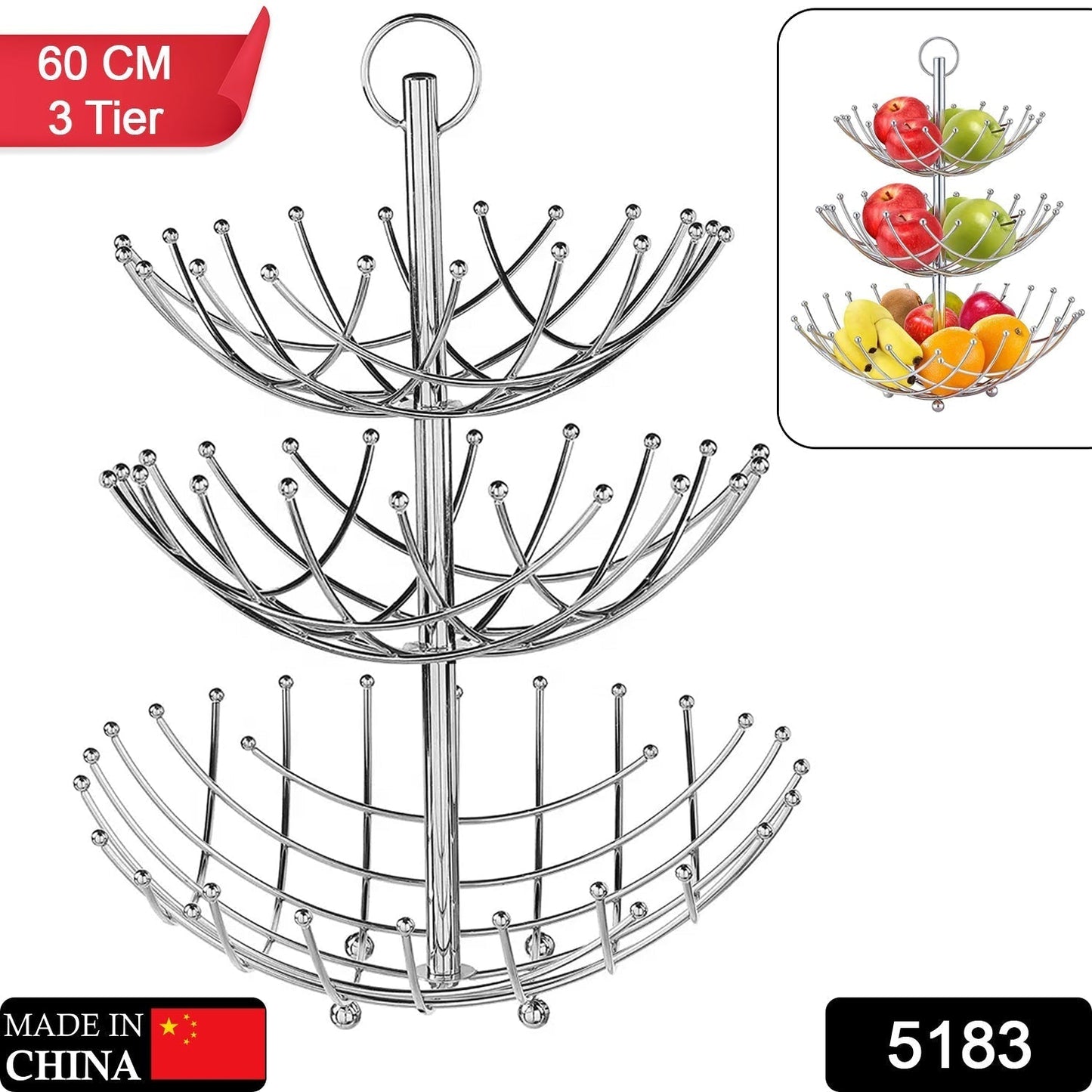 5183 3 Tier Fruit Basket Stainless Steel 60cm For Home Decoration & Kitchen Use DeoDap