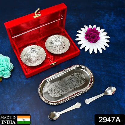 2947A Silver Plated 2 Bowl 2 Spoon Tray Set Brass with Red Velvet Gift Box Serving Dry Fruits Desserts Gift, Bartan DeoDap