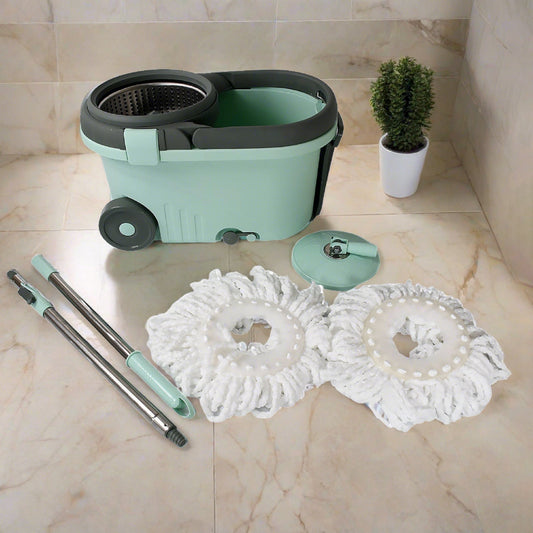 8084 Ganesh Quick Spin Mop Steel Spin, Bucket Floor Cleaning, Easy Wheels & Big Bucket, Floor Cleaning Mop With Bucket, 2 Micro fiber head / Refill