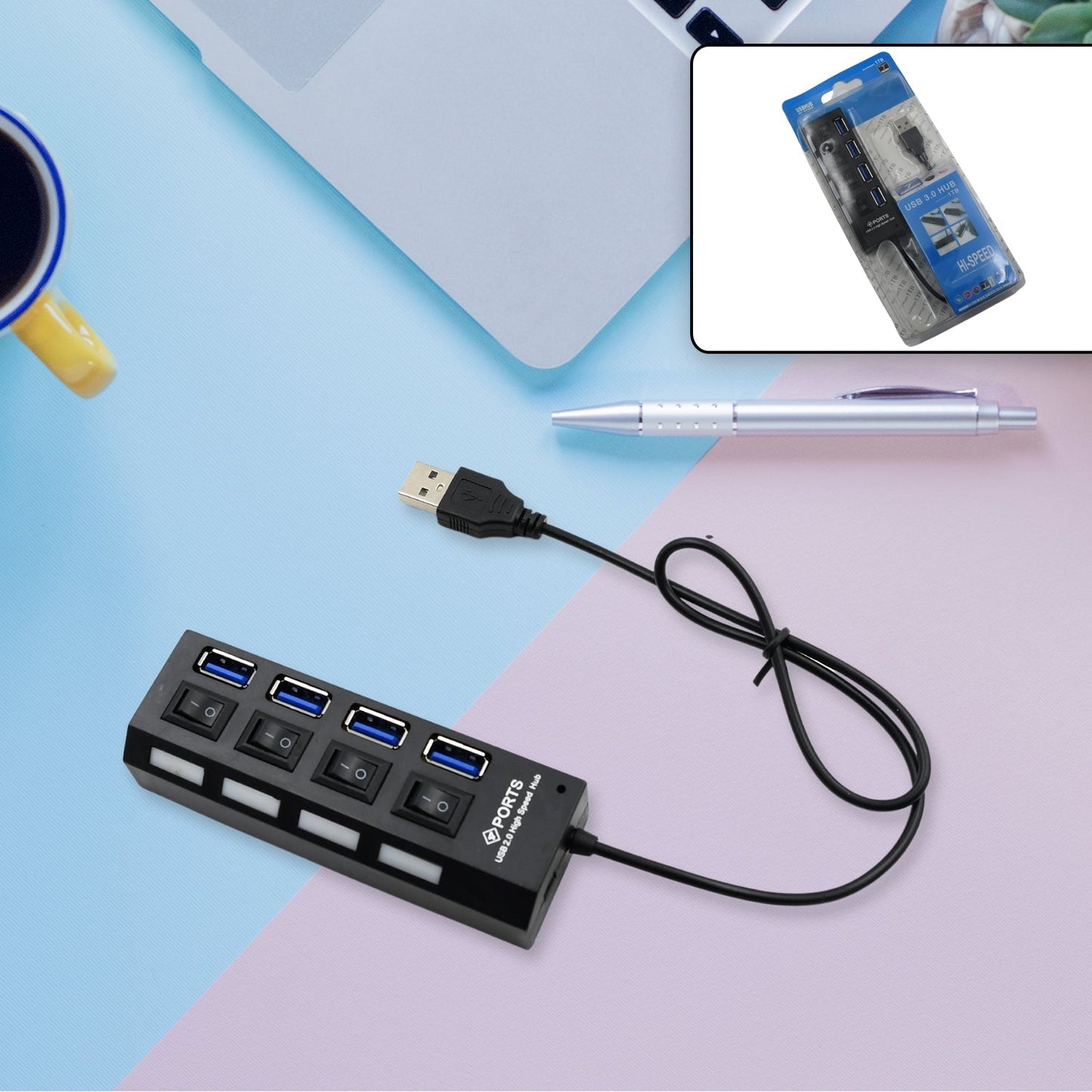 6995 4 Port USB, HUB USB 2.0 HUB Splitter High Speed with On/Off Switch Multi LED Adapter Compatible with Tablet Laptop Computer Notebook