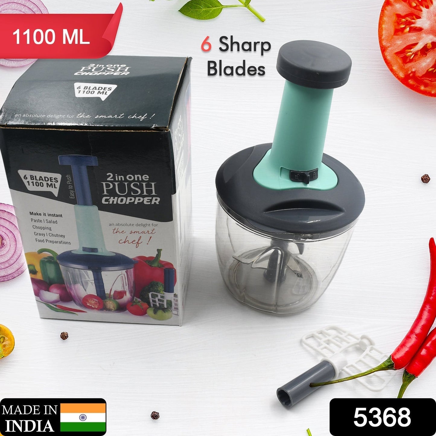 5368 1100 ml 2 in 1 Push up Chopper with Blender affixed with 6 Sharp Blade | Vegetable and Fruit Cutter with Easy Push and chop Button