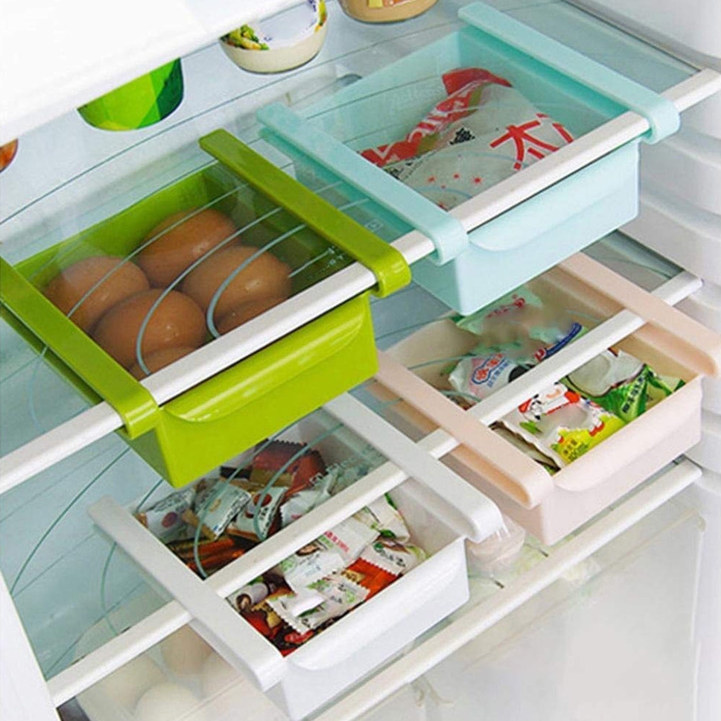 0160 Adjustable Expandable Fridge Storage Basket Multipurpose webline Refrigerator Tool Tray Sliding Drawer Under Shelf Fridge Space Saver Plastic Food Organizer Basket (4 Pc)