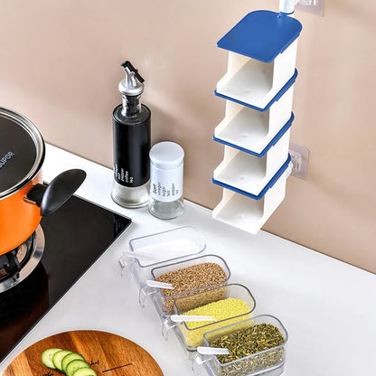 5942 4 Layer Creative Adhesive Wall Hanging Rotary Seasoning Box Condiment Storage Container Kitchen with Spoon Pepper Sugar Spice Jar Rack Food