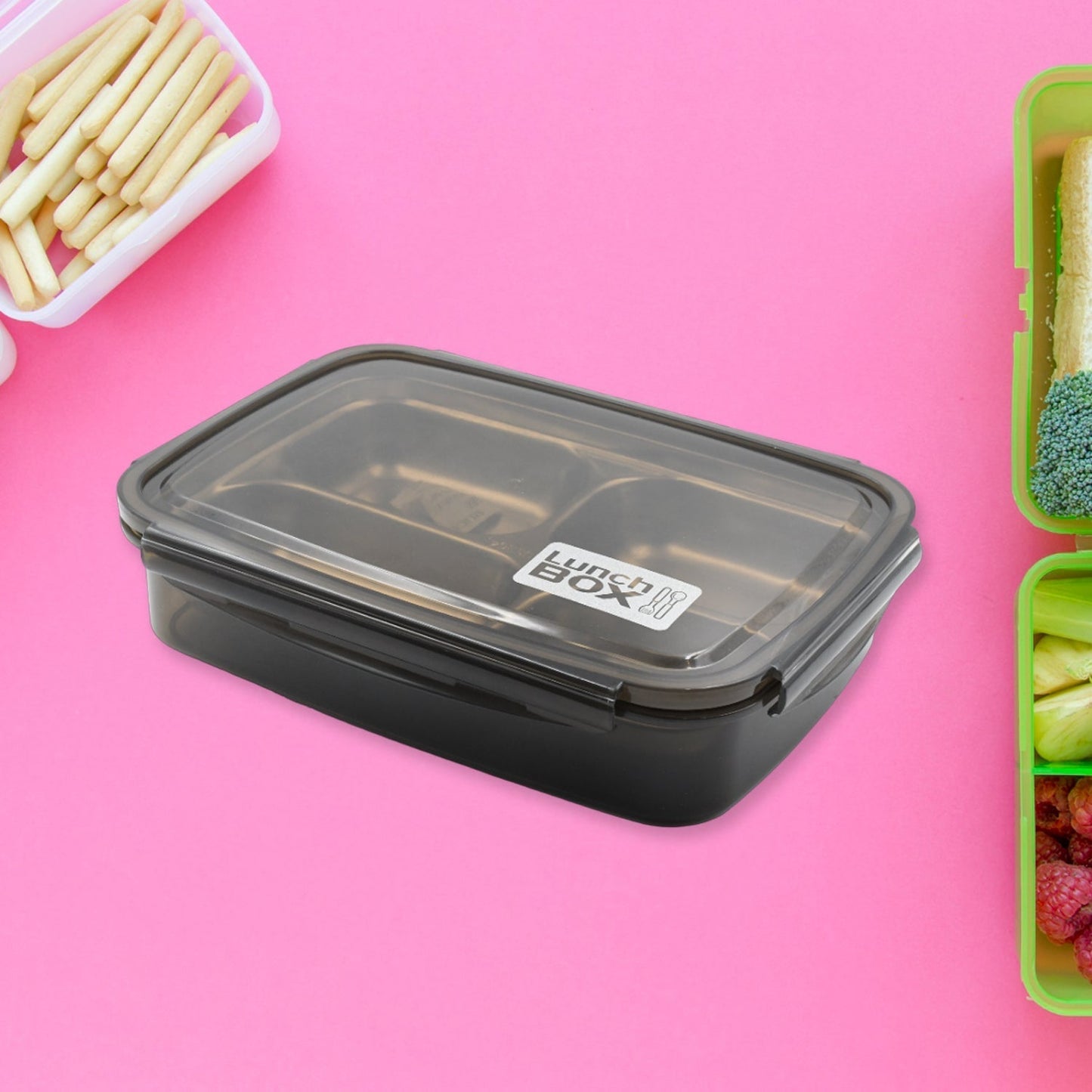 2979A Black Transparent 4 Compartment Lunch Box for Kids and adults, Stainless Steel Lunch Box with 4 Compartments For Office, Travel, School, Home