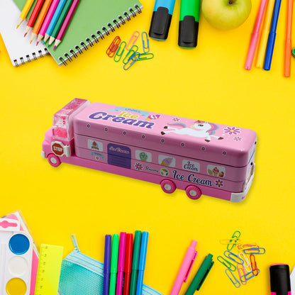 4568  Double Decker Magic Truck Compass Multi Level Metal Truck Compass Pencil Case with Movable Wheels & Sharpener (Mix Design)