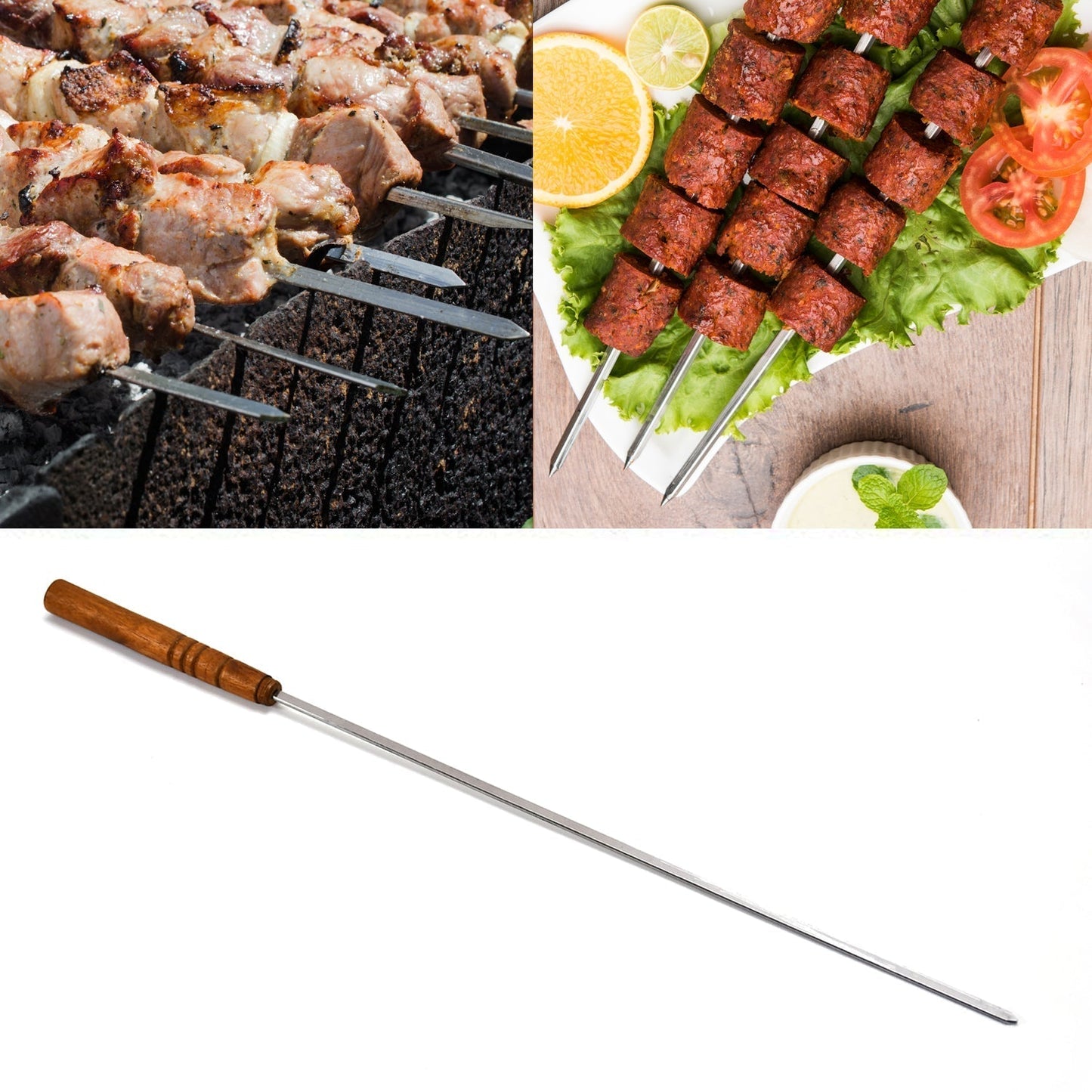 7099 Non Bending Reusable Long Wooden Thick Handle BBQ Grill Paneer Tikka Kebab Seekh Barbeque Skewers. DeoDap