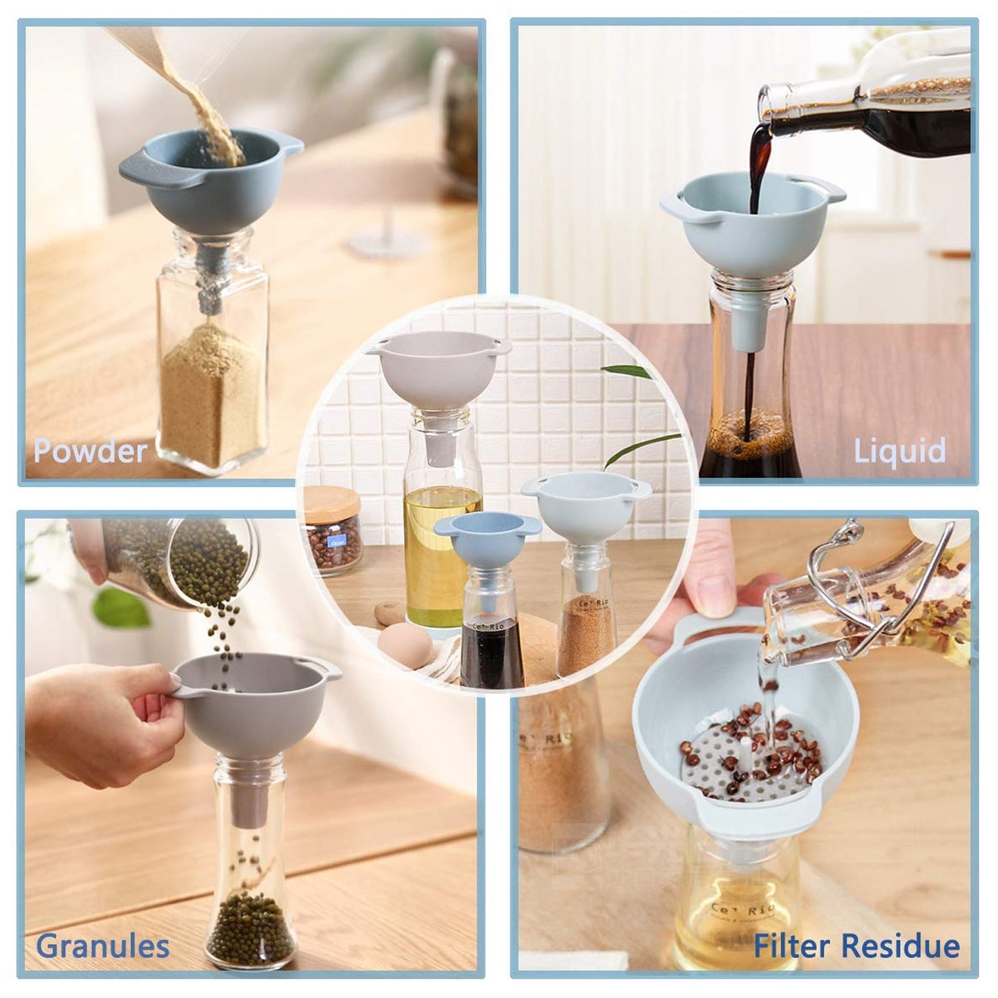 12007 3 in 1 Kitchen Funnel Set of 3, Funnel for Filling Bottle, Small Canning Funnel with Handle, Food Grade Plastic Funnel with Detachable Strainer Filter for Liquid, Dry Ingredients, and Powder