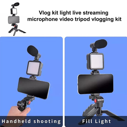 6054 Vlogging Kit for Video Making with Mic Mini Tripod Stand, LED Light & Phone Holder Clip for Making Videos DeoDap