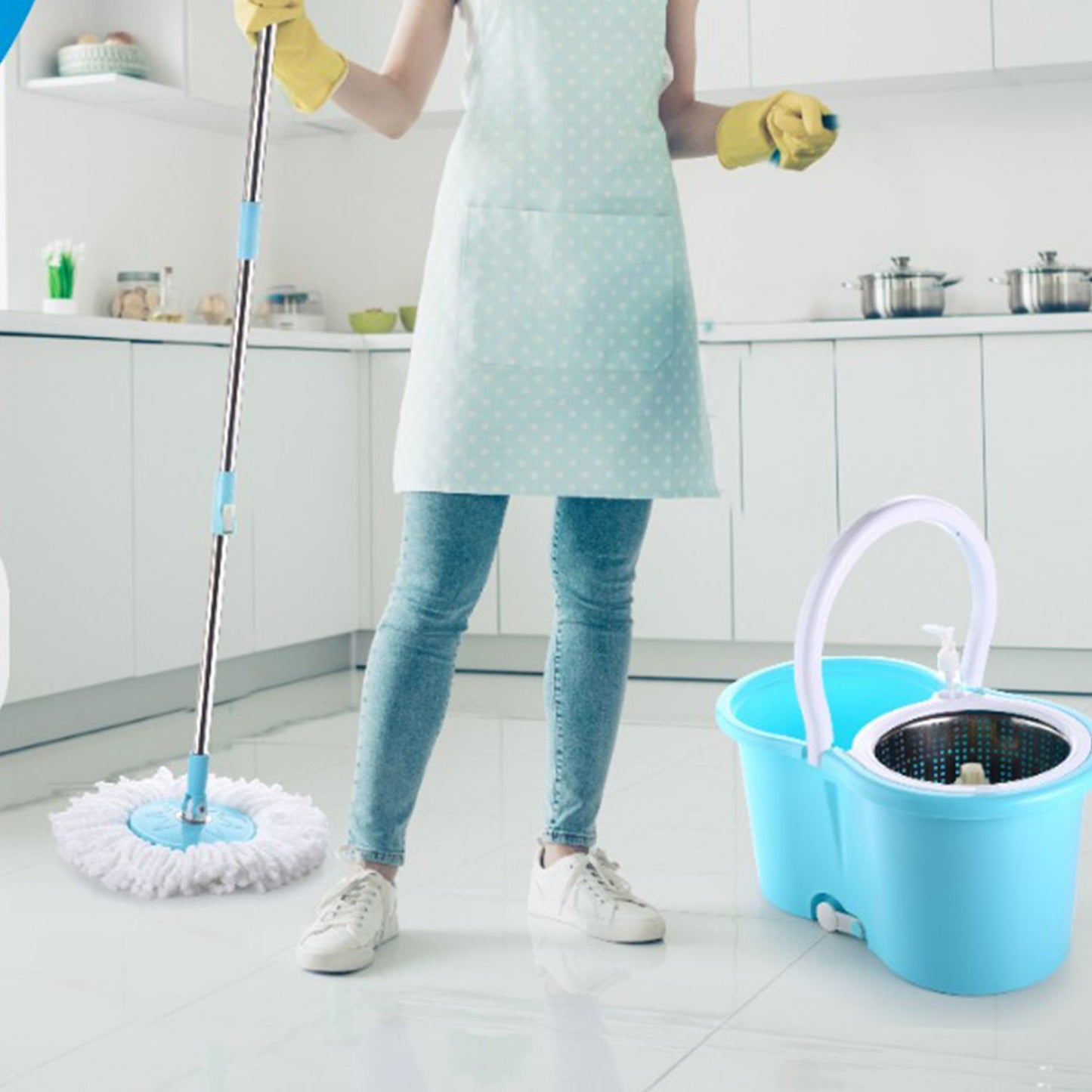 8704 Steel Spinner Bucket Mop 360 Degree Self Spin Wringing with 2 Absorbers for Home and Office Floor Cleaning Mops Set DeoDap