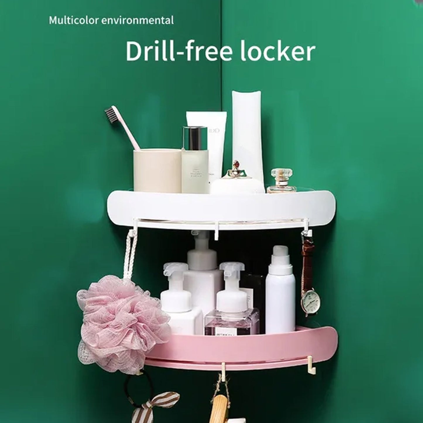 6006 Shelf Organizer  Corner Shelf Shampoo Holder Storage Rack with Hook With Sticker DeoDap