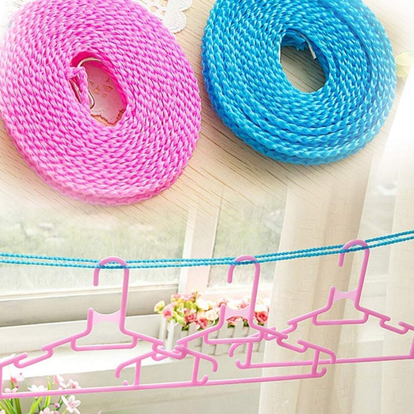 8861 3 Meters Windprood Anti-Slip Clothes Washing Line Drying Nylon Rope with Hooks, Durable Camping Clothesline Portable Clothes Drying Line Indoor Outdoor Laundry Storage for Travel Home Use (3 Mtr.)