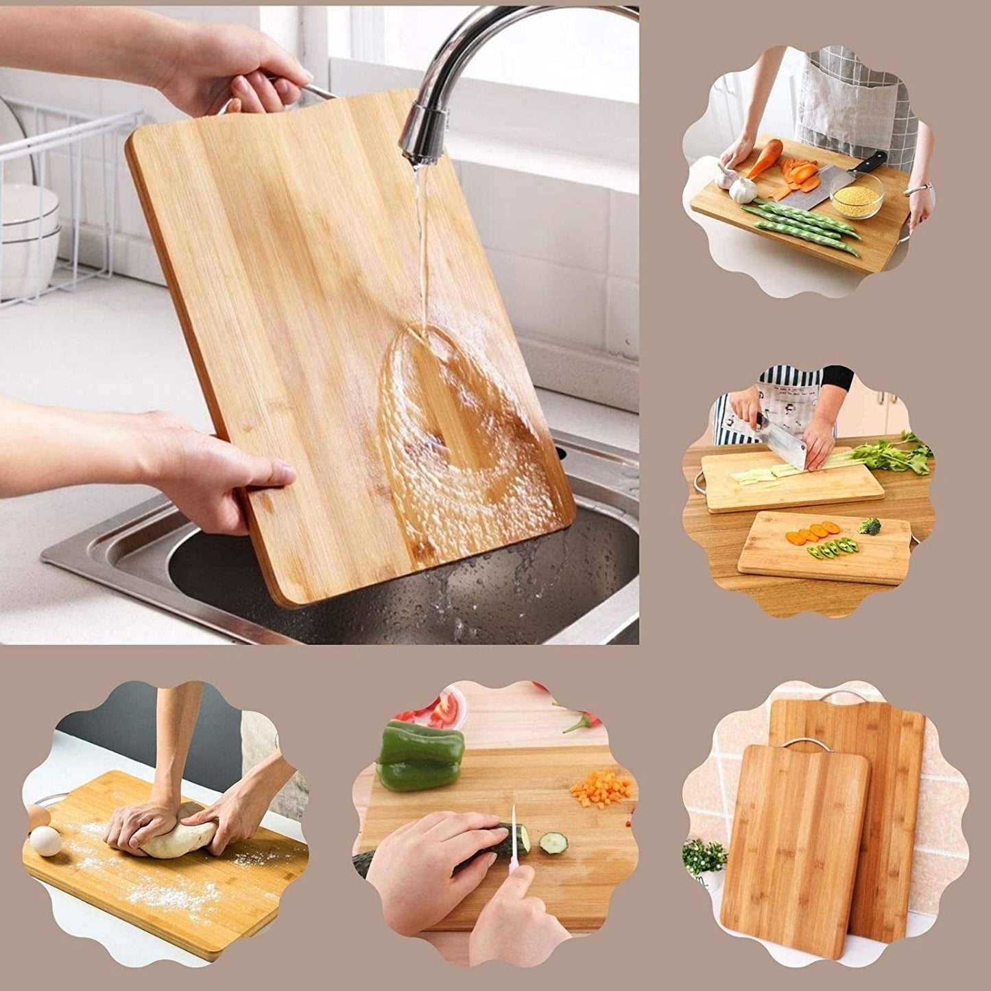 2475A Thick Wooden Bamboo Kitchen Chopping Cutting Slicing Board with Holder for Fruits Vegetables Meat DeoDap