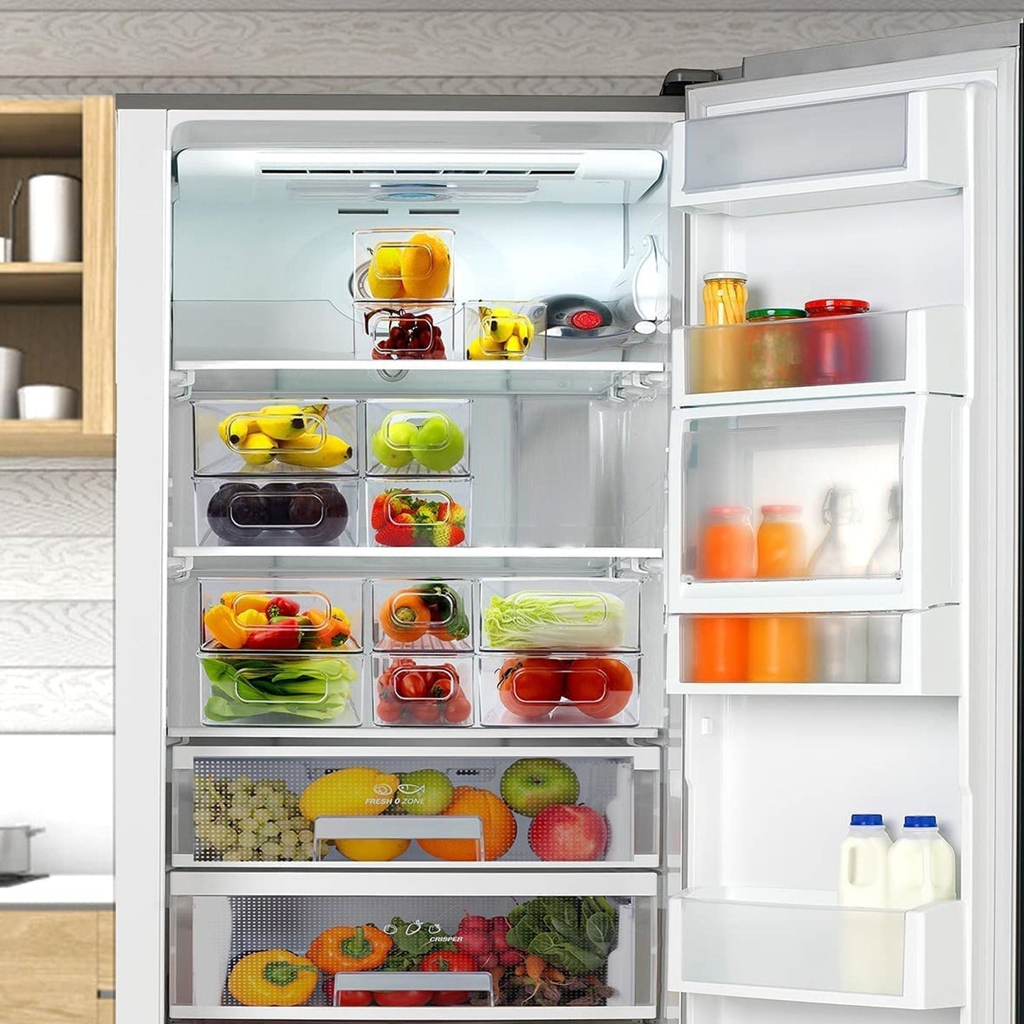 5776 Plastic Refrigerator Organizer Bins, Set Of 2 Stackable Fridge Organizers with Handle, Clear Organizing Food Fruit Vegetables Pantry Storage Bins for Freezer kitchen Cabinet Organization and Storage (2 Pcs Set Mix Color)