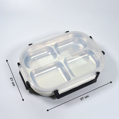 2043 White Transparent 4 Compartment Lunch Box for Kids and adults, Stainless Steel Lunch Box with 4 Compartments. DeoDap