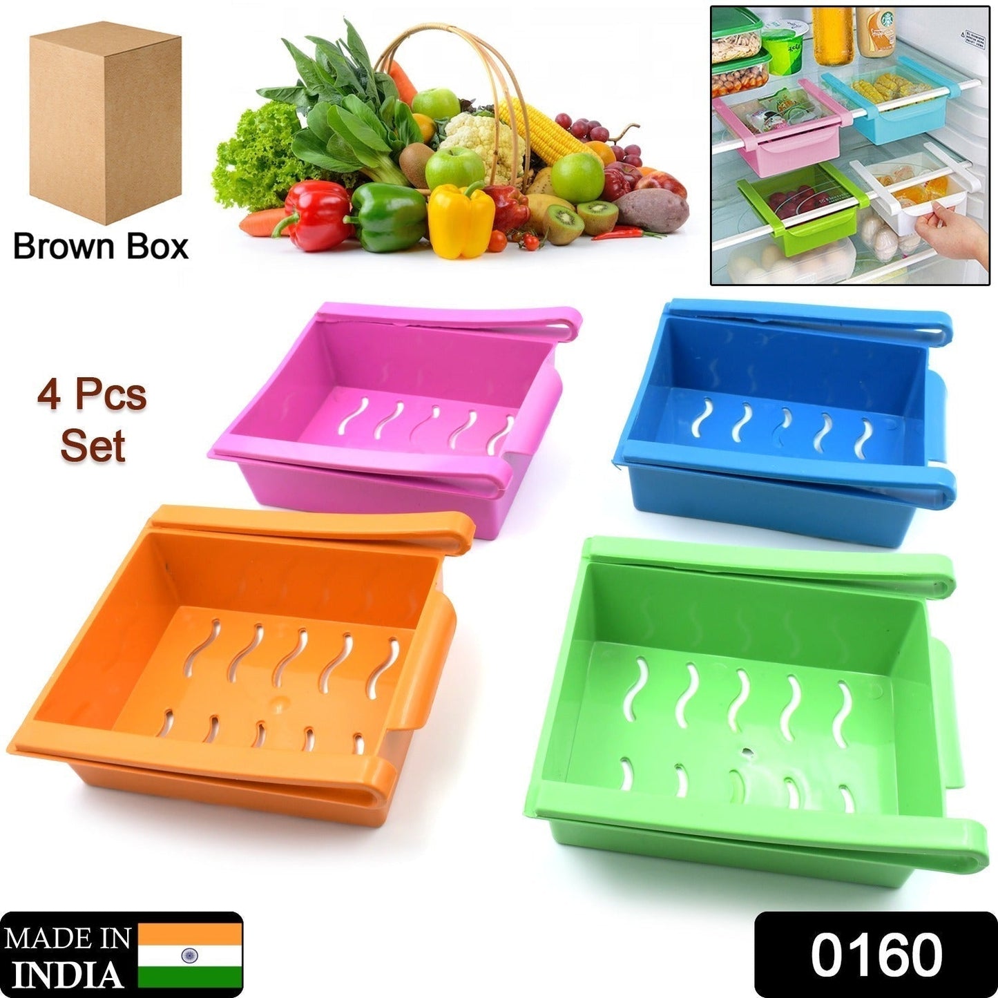 0160 Adjustable Expandable Fridge Storage Basket Multipurpose webline Refrigerator Tool Tray Sliding Drawer Under Shelf Fridge Space Saver Plastic Food Organizer Basket (4 Pc)