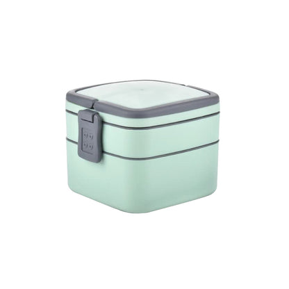 2837A GREEN DOUBLE-LAYER PORTABLE LUNCH BOX STACKABLE WITH CARRYING HANDLE AND SPOON LUNCH BOX , Bento Lunch Box DeoDap