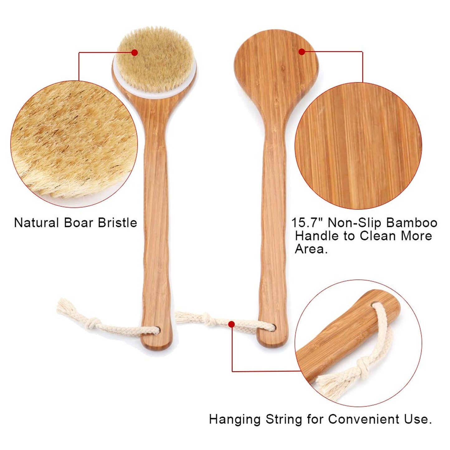 6700 Body Brush Dry Brushing Back Scrubber Shower Bath Brush Bamboo Long Handle Natural Bristles exfoliating Massage Improve Blood Circulation Cellulite DeoDap