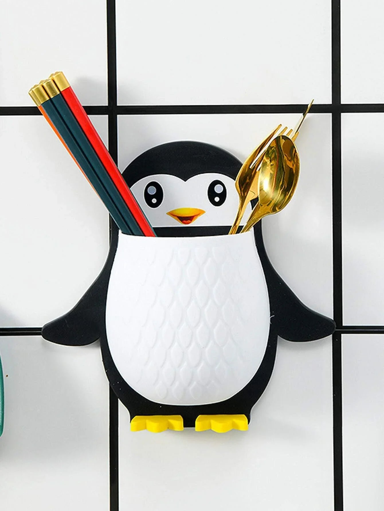 UK-0094 Penguin Design Holder for Toothpaste and Also Holder for Stationery Items Plastic Toothbrush Holder  (Multicolor, Wall Mount)