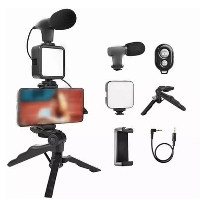 6054 Vlogging Kit for Video Making with Mic Mini Tripod Stand, LED Light & Phone Holder Clip for Making Videos DeoDap