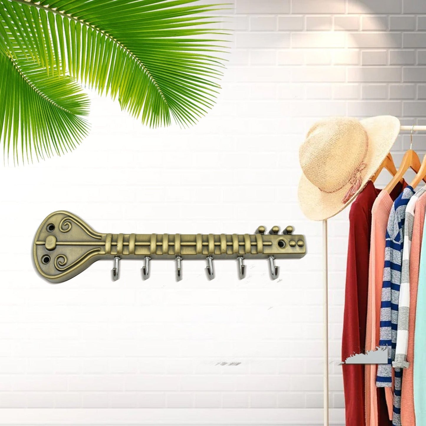 Metal Key Stand / Hanger / Holder for Home & Office Brass Key Hook / Holder Door Hooks Rail for Hanging Keys, Clothes, Towel Hook (1 Pc / Veena & Gun Shape, Lord Krishna's Flute and Peacock Quills Key Holder )