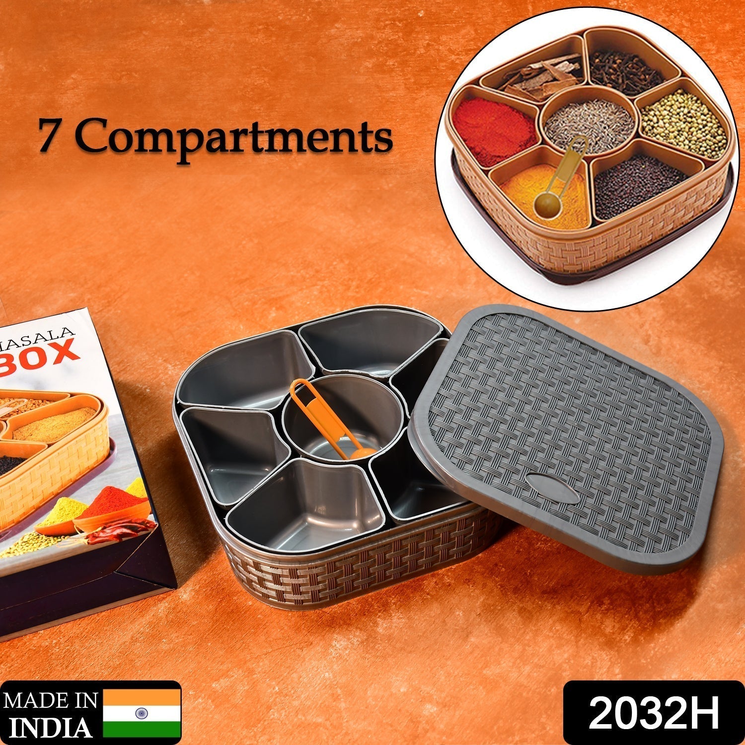 2032H Masala Box for Keeping Spices, Spice Box for Kitchen, Masala Container, Plastic Wooden Style, 7 Sections (Multi Color). DeoDap