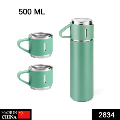 2834 Stainless Steel Vacuum Flask Set with 3 Steel Cups Combo for Coffee Hot Drink and Cold Water Flask Ideal Gifting Travel Friendly Latest Flask Bottle. (500ml)