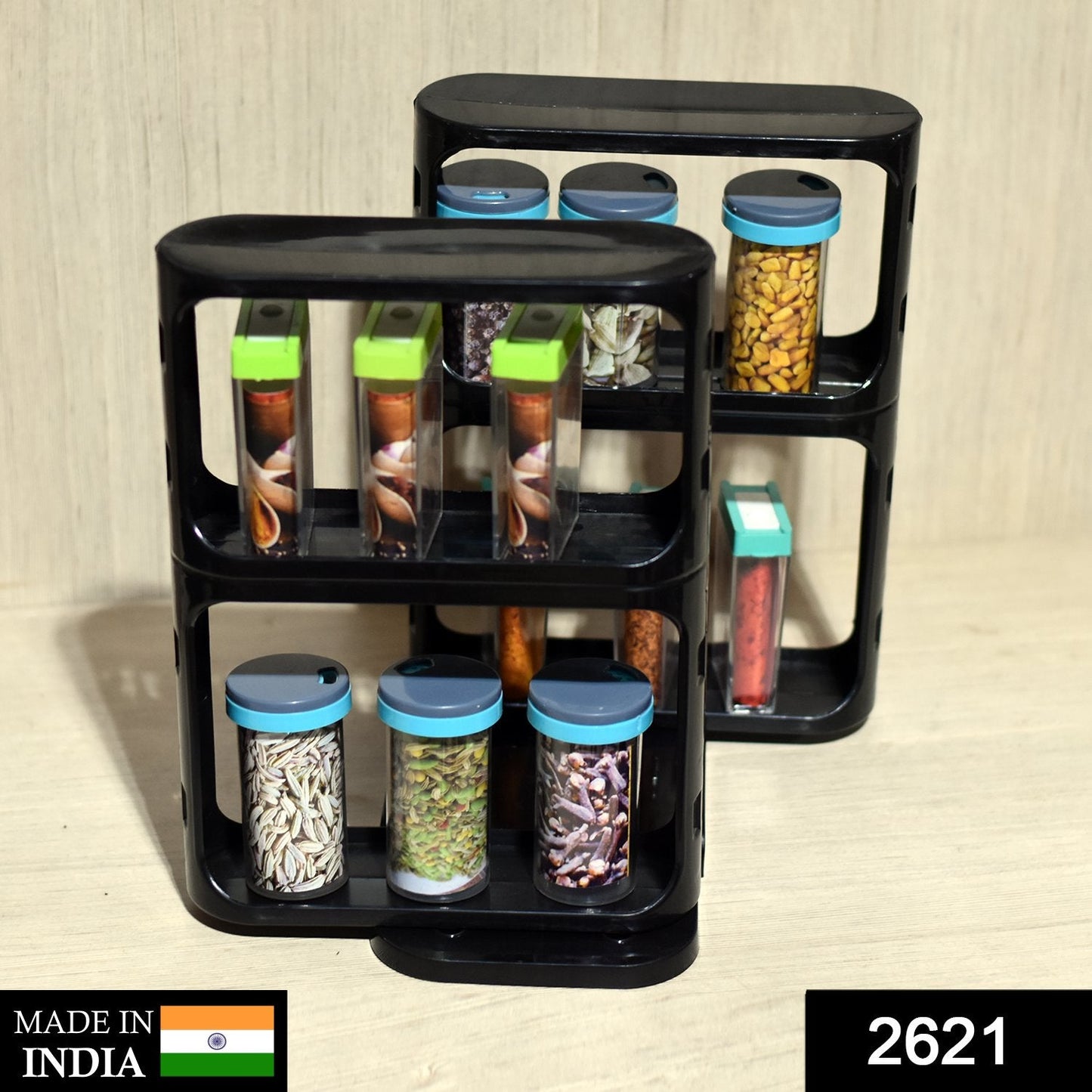 2621 Cabinet Caddy, Modular Rotating Spice Rack Multi-functional Organizer Rack Two 2-Tiered Shelves with Base DeoDap