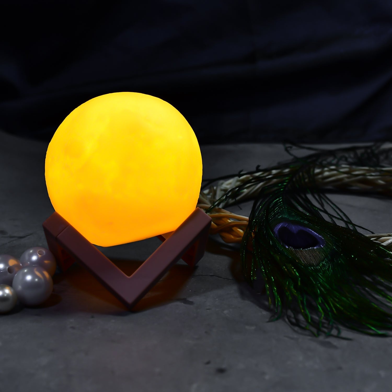 6273 Moon Night Lamp Yellow Colors Changing Touch Sensor with Wooden Stand Night Lamp for Bedroom DeoDap