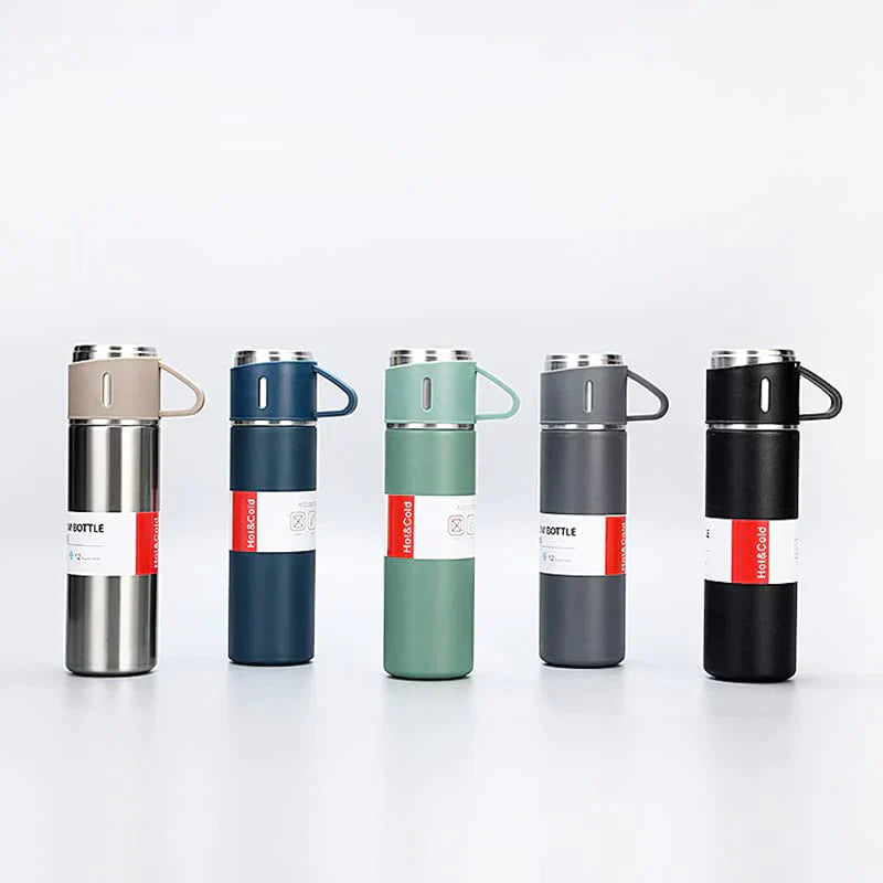 UK-0022 Stainless Steel Vacuum Flask Set with 3 Steel Cups Combo for Coffee Hot Drink and Cold Water Flask Ideal Gifting Travel Friendly Latest Flask Bottle. (Multi-Color)