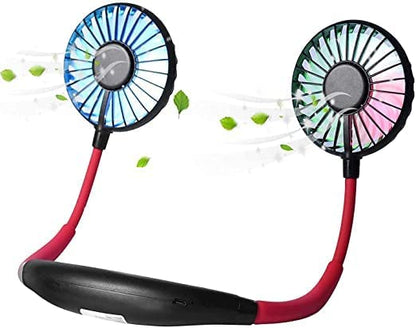 UK-0299 365 Portable Hand-Free Mini Personal Neck-Hanging USB Rechargeable Neckband Cooling Double Fan with LED Light, 3 Speeds