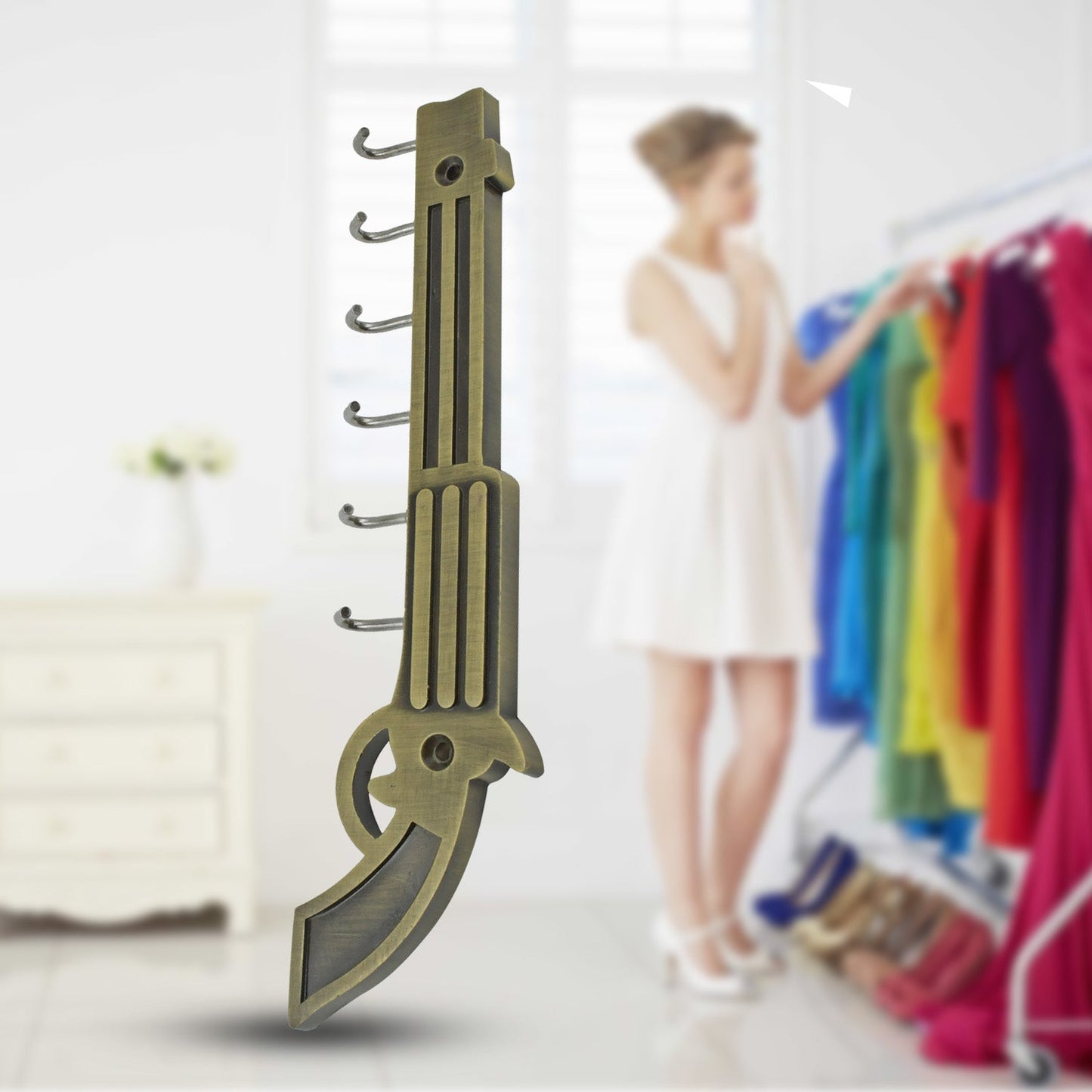 Metal Key Stand / Hanger / Holder for Home & Office Brass Key Hook / Holder Door Hooks Rail for Hanging Keys, Clothes, Towel Hook (1 Pc / Veena & Gun Shape, Lord Krishna's Flute and Peacock Quills Key Holder )