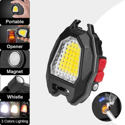 UK-0036 Magnetic Emergency Mini Portable Super Bright LED Keychain COB Light with 6 Lighting Modes & Display Cigar Lighter & Survival Whistle, Bottle Opener