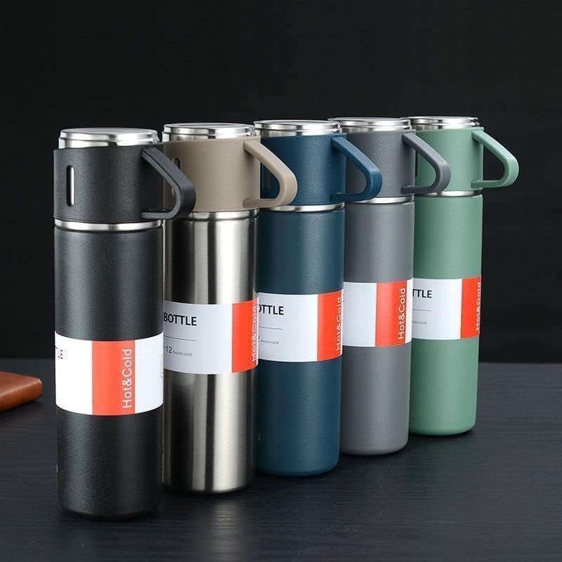 RellifeBuy Stainless Steel Vacuum Flask Set with 3 Steel Cups Combo for Hot and Cold Drink Flask Bottle 500ml