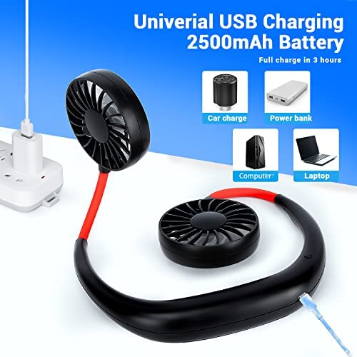 UK-0299 365 Portable Hand-Free Mini Personal Neck-Hanging USB Rechargeable Neckband Cooling Double Fan with LED Light, 3 Speeds