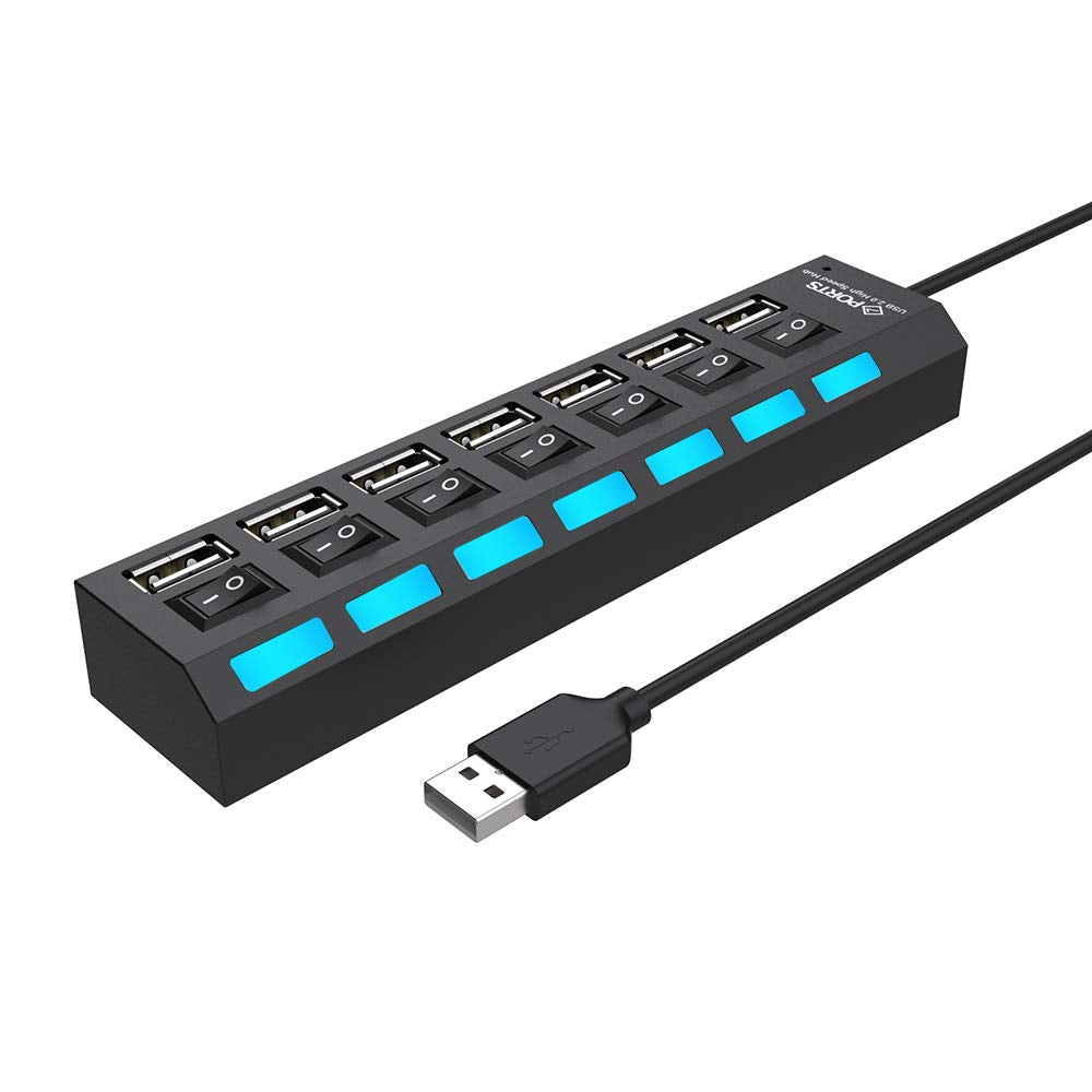 UK-0209 Multi Port USB 2.0 Hub 7 Port with Independent On/Off Switch and LED Indicators USB A Port Data Hub Suitable for PC Computer Keyboard Laptop Mobile HDD, Flash Drive Camera etc