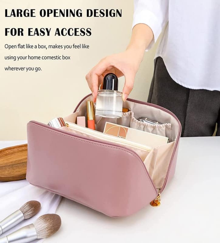 UK-0026 Cosmetic Travel Bag Large Capacity , Portable Leather Makeup Storage Bags with Handle and Divider, Wide Opening Cosmetic/Makeup Organizer