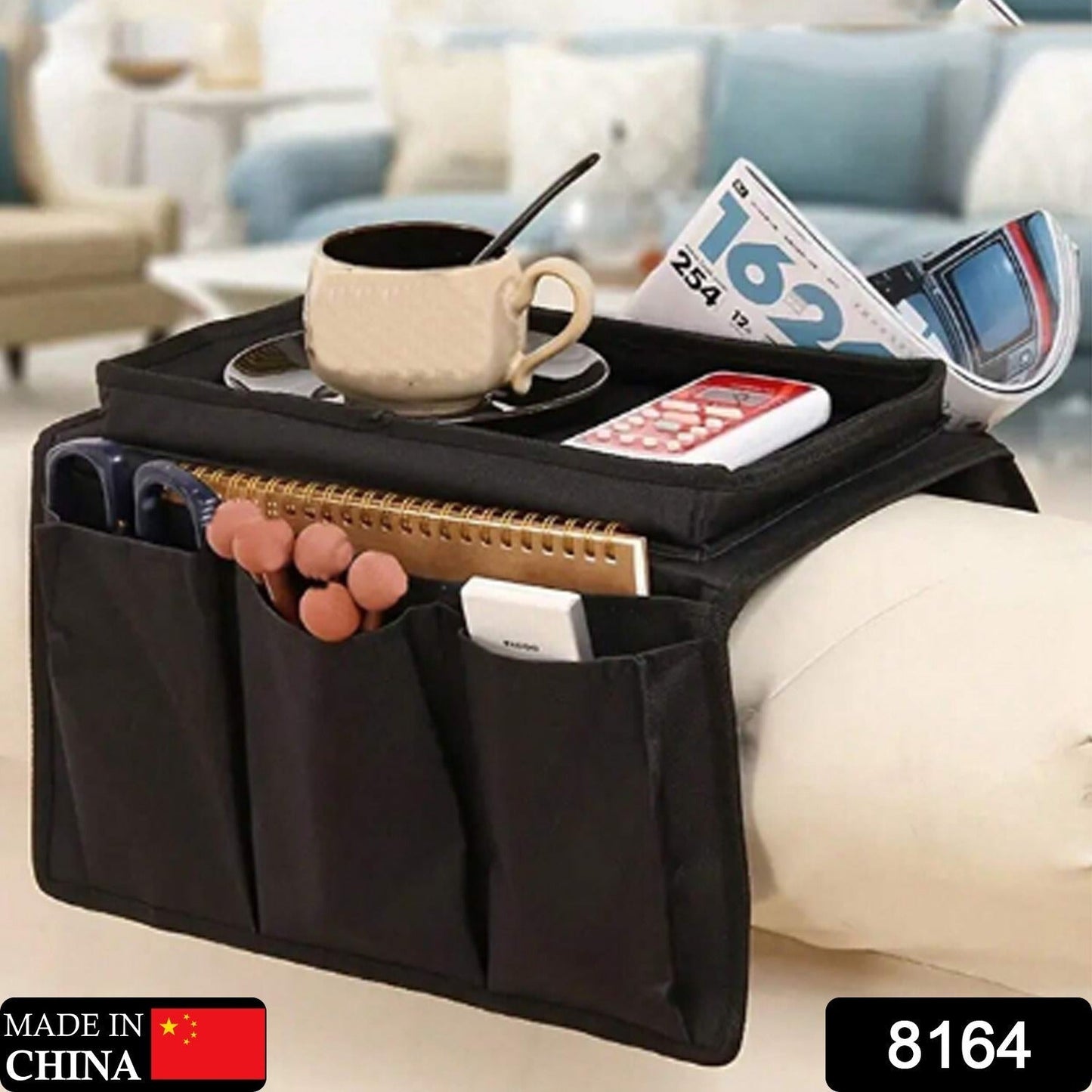 8164 Sofa Arm Rest Hanging Storage Bag, Storage Bag for Sofa Ideal for Sorting Magazines iPad Books (Black)