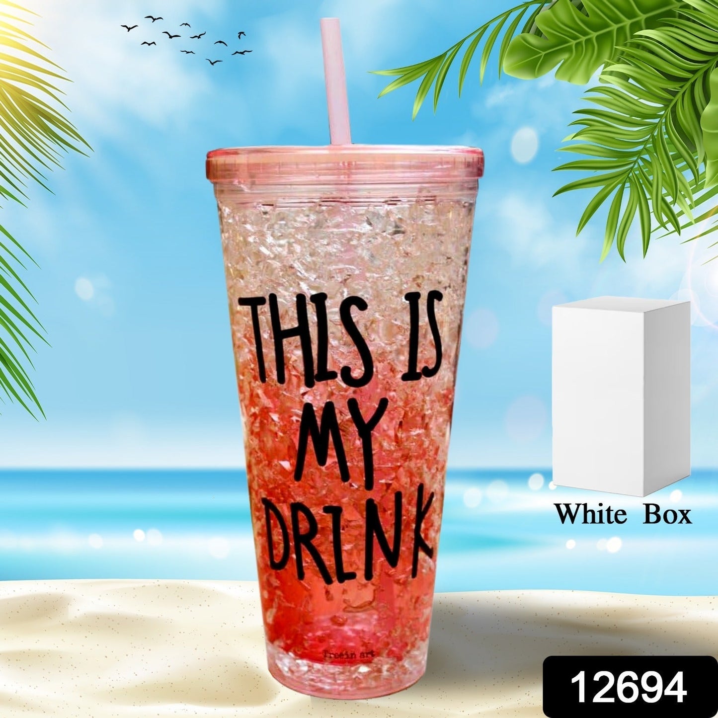 12694 Plastic Creative Cold Drink Cup, Reusable Tea Coffee Tumbler with Lid and Straw, Double Wall Plastic Drinking Sport Bottle, Travel Tumbler