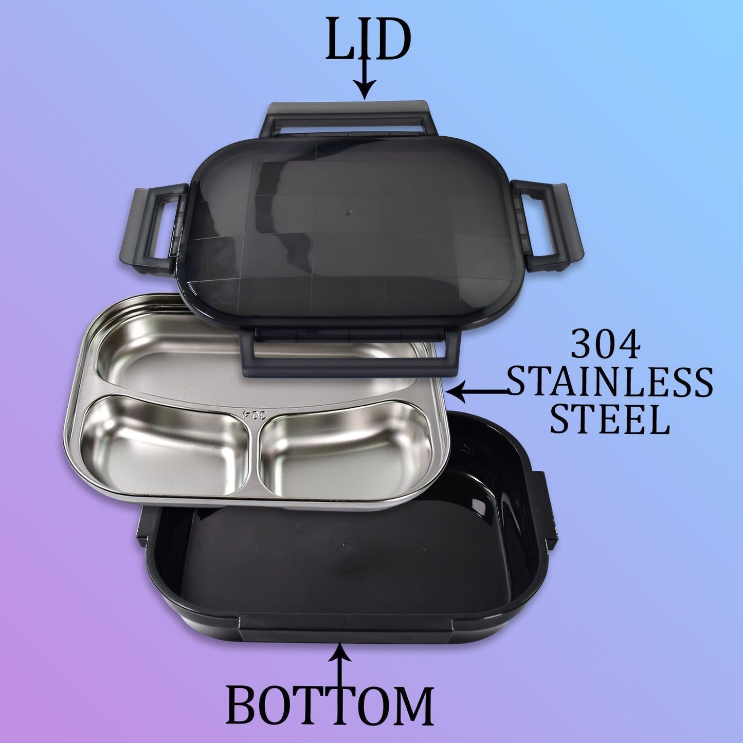 2976 Black Transparent Lunch Box for Kids and adults, Stainless Steel Lunch Box with 3 Compartments. DeoDap