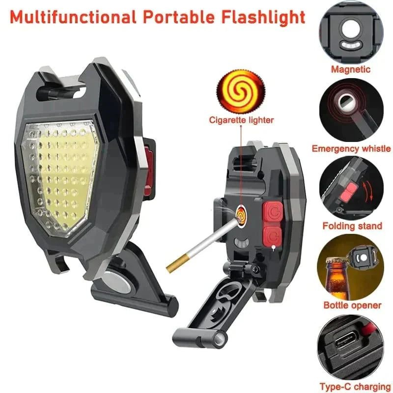 UK-0036 Magnetic Emergency Mini Portable Super Bright LED Keychain COB Light with 6 Lighting Modes & Display Cigar Lighter & Survival Whistle, Bottle Opener