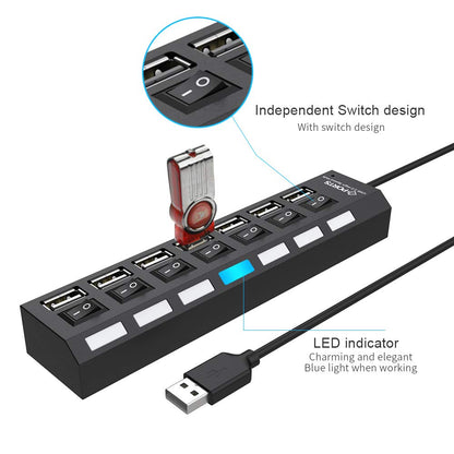 UK-0209 Multi Port USB 2.0 Hub 7 Port with Independent On/Off Switch and LED Indicators USB A Port Data Hub Suitable for PC Computer Keyboard Laptop Mobile HDD, Flash Drive Camera etc