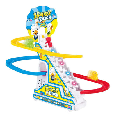 UK-0124   Duck Slide Toy Set, Funny Automatic Stair-Climbing Ducklings Cartoon Race Track Set Little Lovely Duck Slide Toy Escalator Toy with Lights and Music