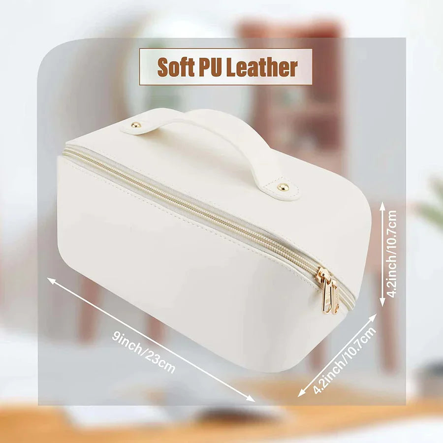 UK-0026 Cosmetic Travel Bag Large Capacity , Portable Leather Makeup Storage Bags with Handle and Divider, Wide Opening Cosmetic/Makeup Organizer