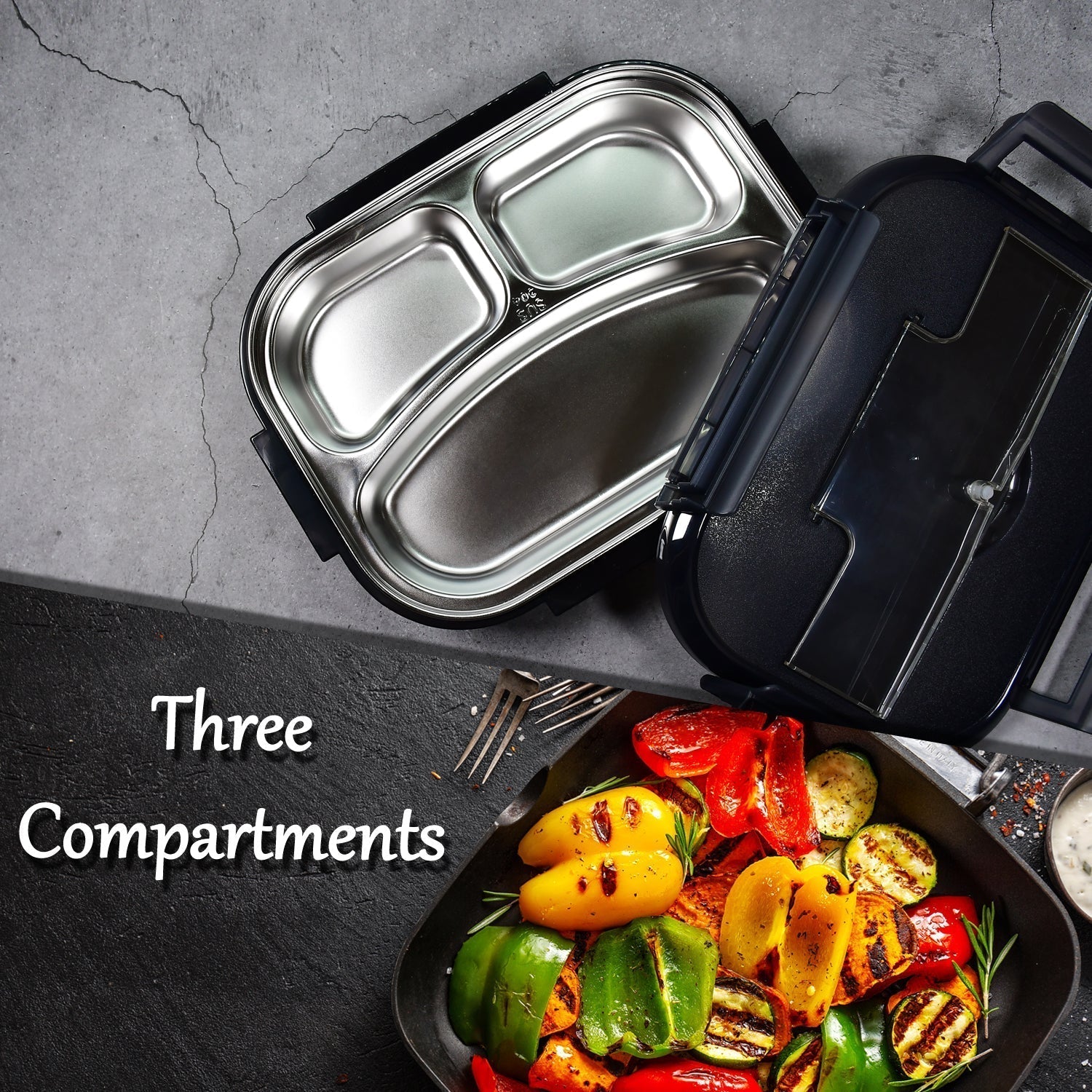 2042 Black Lunch Box for Kids and adults, Stainless Steel Lunch Box with 3 Compartments With spoon slot. DeoDap