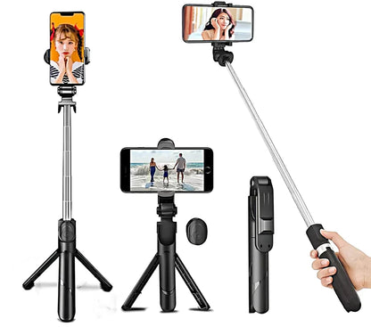 UK-0025 Portable Selfie Stick Tripod with Wireless Bluetooth Remote and Tripod Stand| 3 in 1 Multifunctional Selfie Stick Tripod with Extendable Aluminium Monopod, 360 Degree Rotation Phone Holder