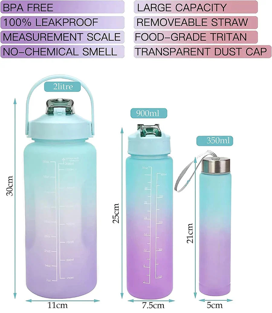 UK-0023 3 in 1 Water Bottle with Motivational Time Marker, Leakproof Durable BPA Free Non-Toxic Water bottle for office, gym, school