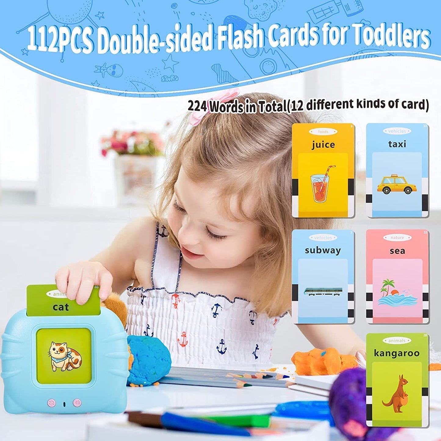 Talking Baby Flash Cards Educational Learning Interactive Toys for 2 3 4 5 6 Years Old Boys Girls, Toddlers Reading Machine with 224 Words Preschool Montessori Toys and Birthday Gift for Kids