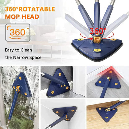 UK-0011 360° Rotatable Adjustable Triangle Cleaning Mop with Stainless Steel Long Handle Push-Pull Squeezing Cleaning Mop Dry & Wet Mop Floor Windows Ceiling